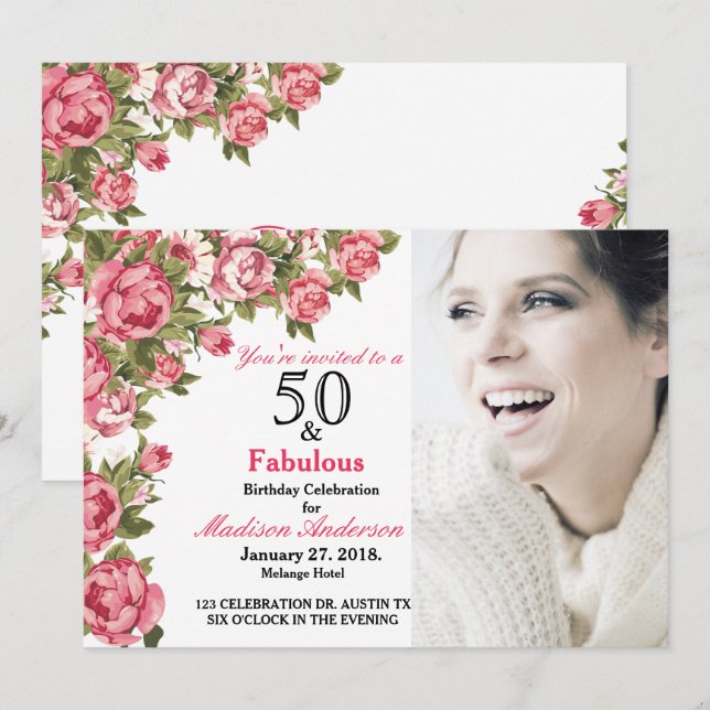 Invitation 50 et Fabulous Floral | 50e anniversaire Invitatio (Devant / Derrière)