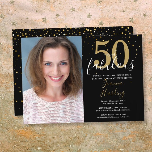 Invitation 50 et Fabulous Gold Black 50th Birthday Photo (50 and Fabulous Gold Black 50th Birthday Photo Invitation)