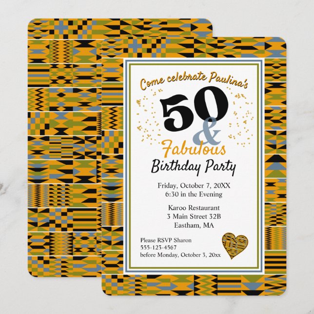 Invitation 50 et Fabulous Golden Kente fête d'anniversaire (Devant / Derrière)
