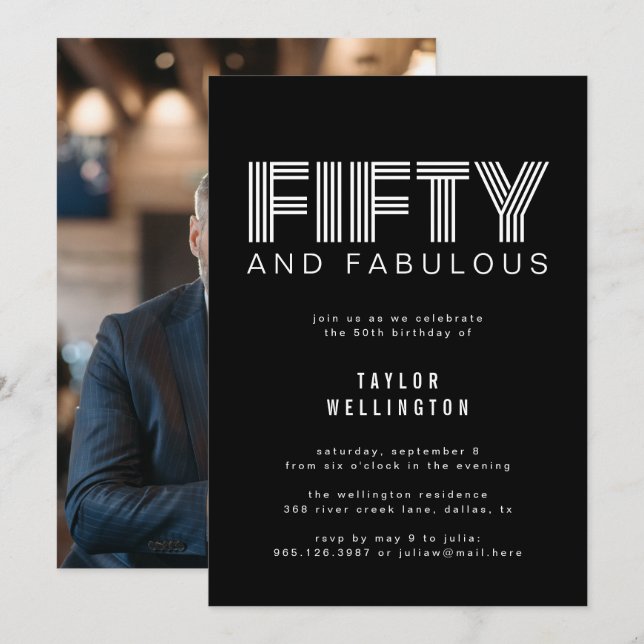 Invitation 50 et Fabulous Moderne Noir Blanc fête d'anniversa (Devant / Derrière)