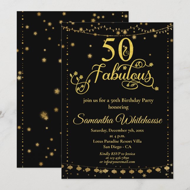 Invitation 50 et Fabulous Parties scintillant Gold Black Birt (Devant / Derrière)
