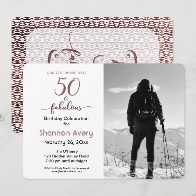 Invitation 50 et Fabulous Party avec Faux Rose Gold & Photo (Devant / Derrière)