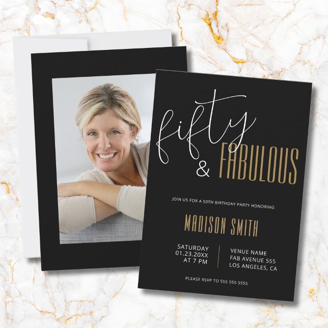 Invitation 50 et Fabulous Photo 50e anniversaire Black Gold (50 and Fabulous Photo 50th Birthday Black Gold Invitation)