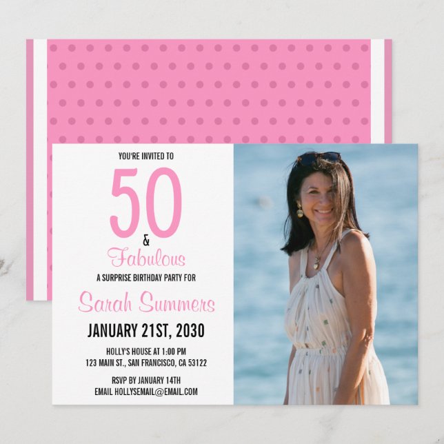 Invitation 50 et Fabulous Pink Photo 50e anniversaire (Devant / Derrière)