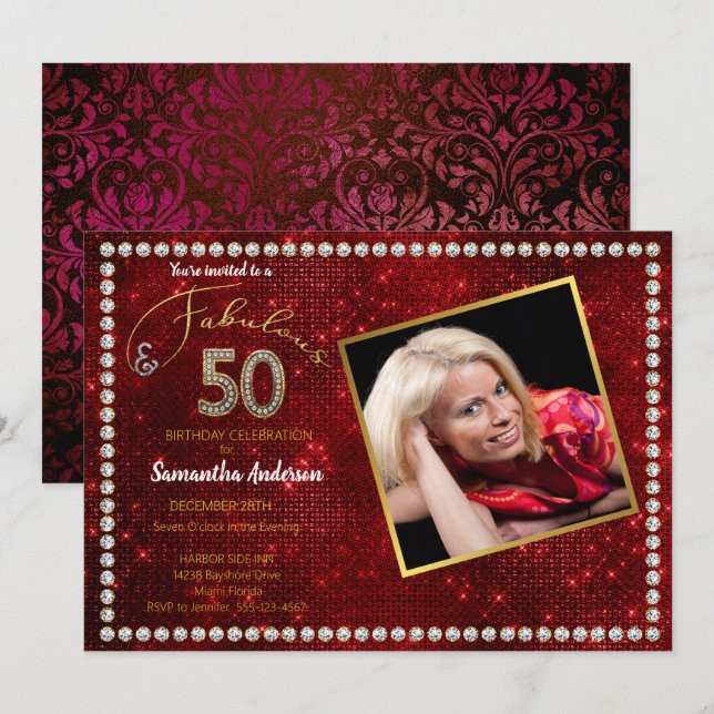 Invitation 50 et Fabulous Red Bling 50e fête d'anniversaire (Devant / Derrière)