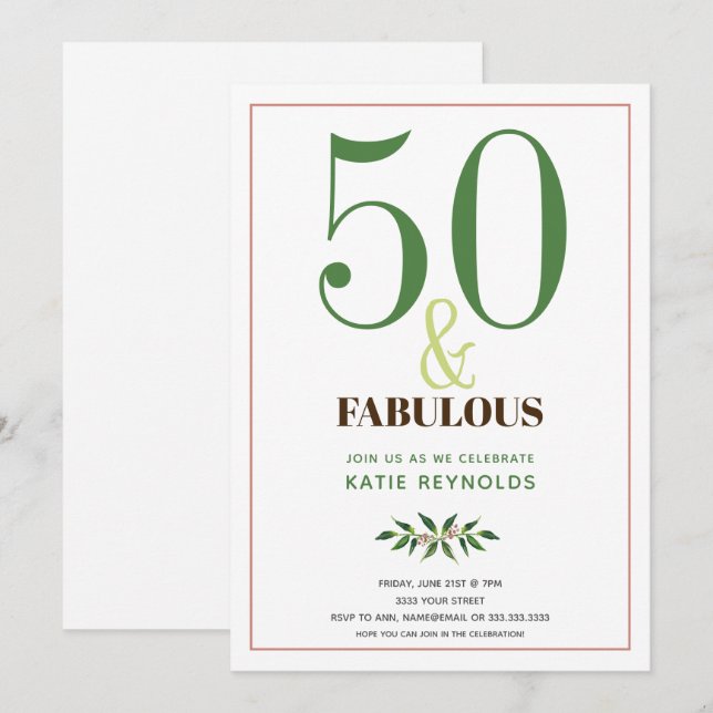Invitation 50 et Fabulous Simple Green Anniversaire (Devant / Derrière)