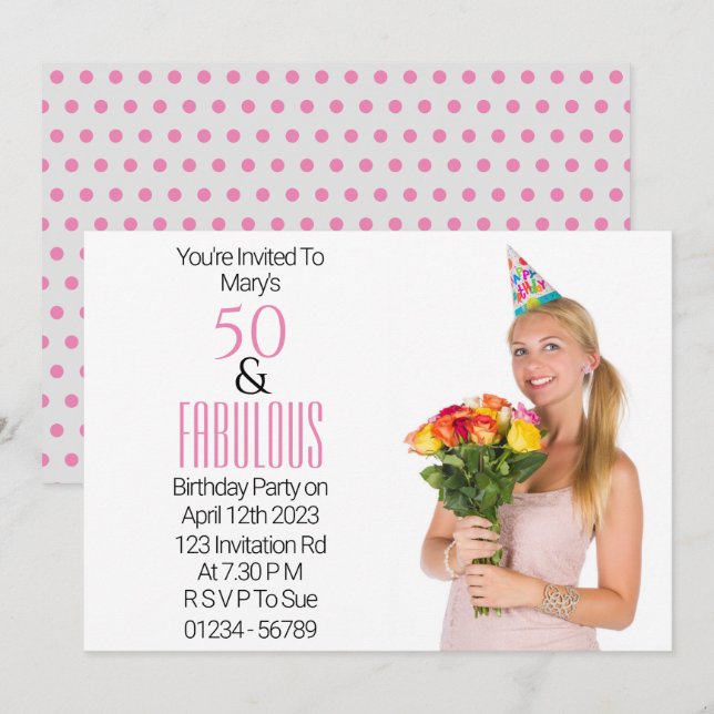 Invitation 50 Fabuleux Anniversaire rose Texte noir (Devant / Derrière)