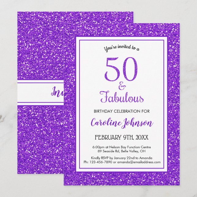 Invitation 50 & Fabuleux anniversaire Sparkly Purple Parties  (Devant / Derrière)