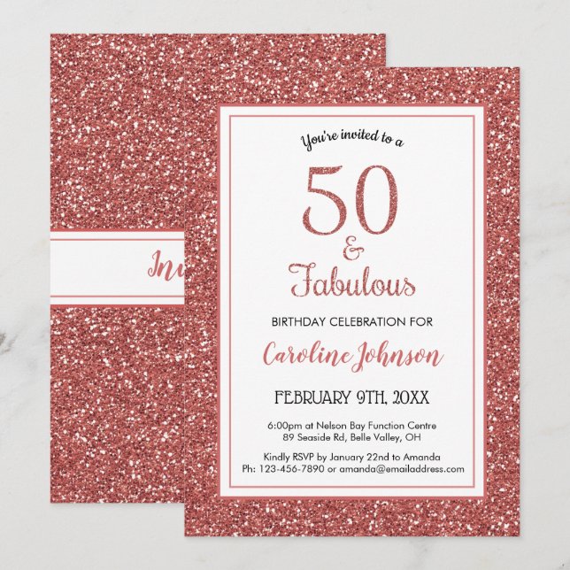 Invitation 50 & Fabuleux anniversaire Sparkly Rose Gold Parti (Devant / Derrière)