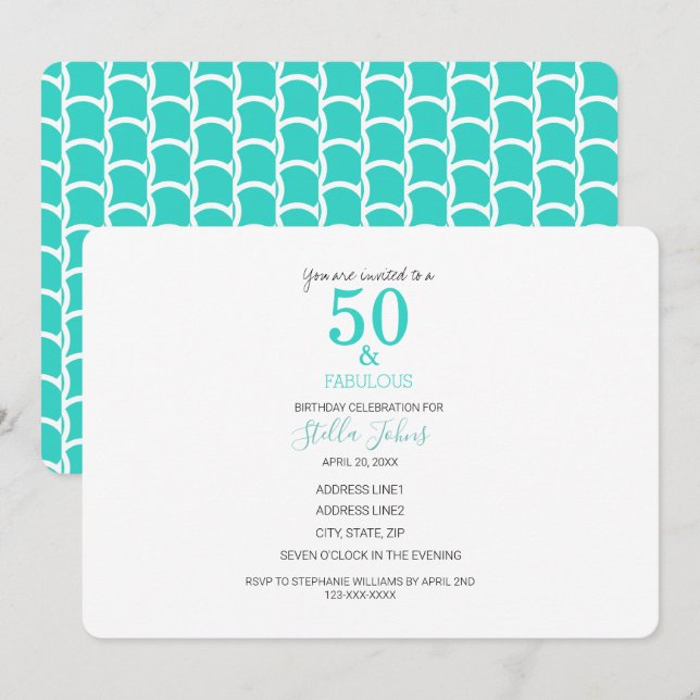 Invitation 50 & Fabuleux anniversaire Turquoise Mermaid Beach (Devant / Derrière)