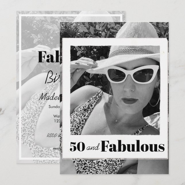 Invitation 50 Fabuleux cadre photo noir blanc anniversaire (Devant / Derrière)