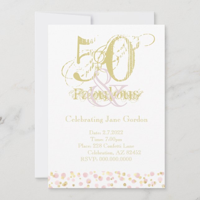 Invitation 50 & Fabuleux Elégant Anniversaire Confetti Pink G (Devant)