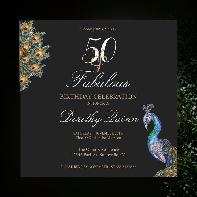 Invitation 50 & Fabuleux Elegant Aquarelle Peacock Anniversai (Créateur téléchargé)