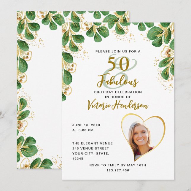 Invitation 50 & Fabuleux Elegant Green Photo Anniversaire (Devant / Derrière)