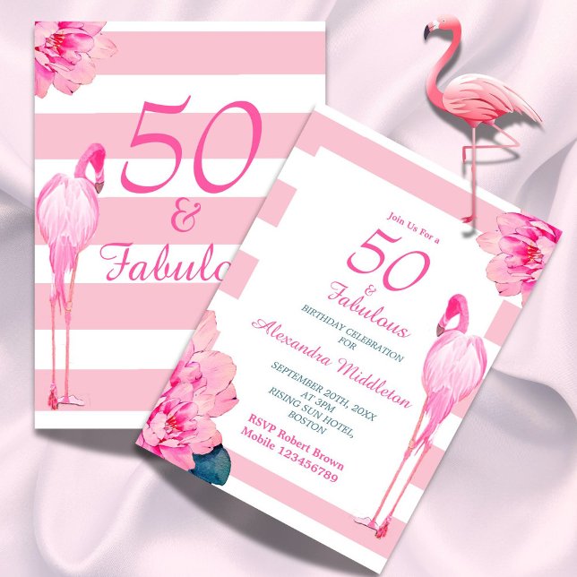 Invitation 50 Fabuleux Flamant rose rose Floral Chic Annivers (Créateur téléchargé)