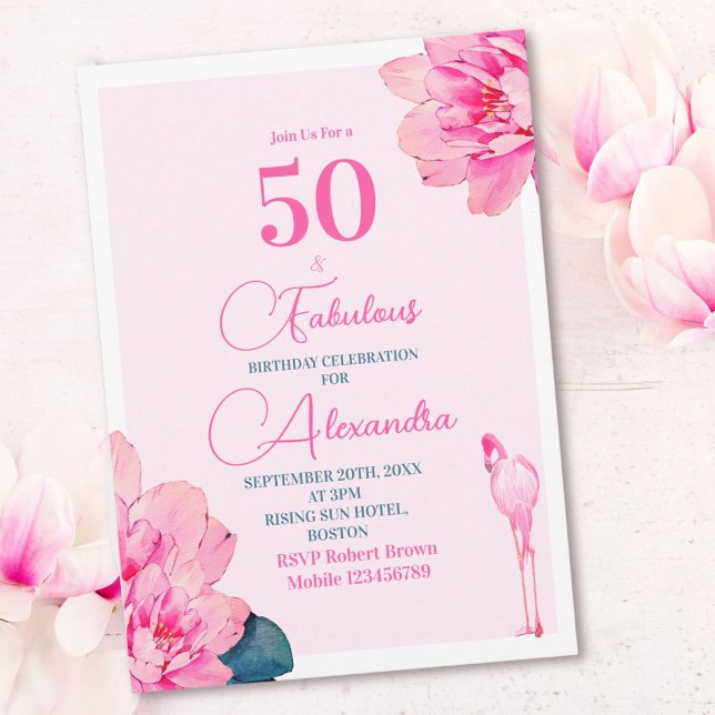 Invitation 50 Fabuleux Flamant rose rose Floral Chic Annivers (Créateur téléchargé)