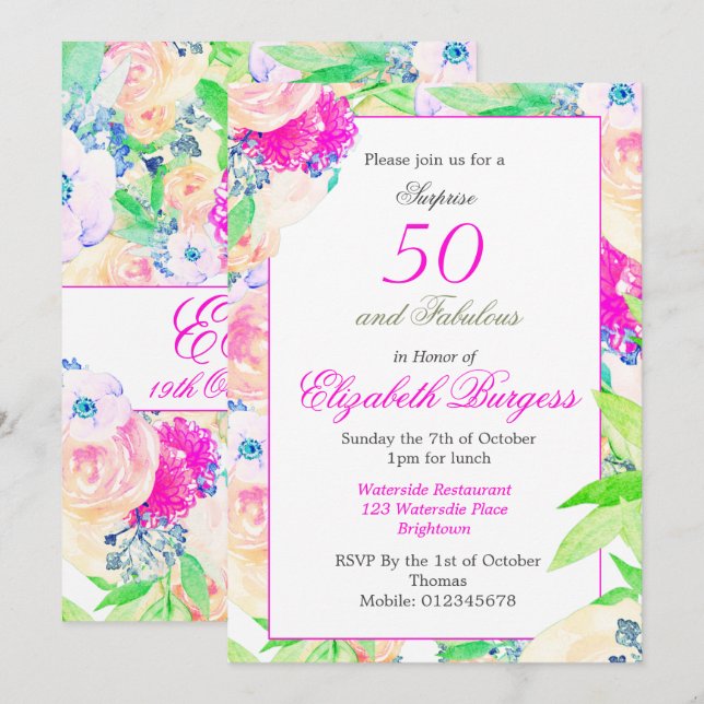 Invitation 50 Fabuleux Floral Rose rose chic Anniversaire (Devant / Derrière)