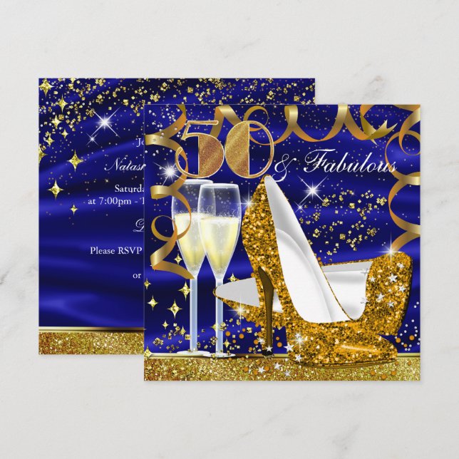 Invitation 50 Fabuleux Parties scintillant Blue Gold Invitati (Devant / Derrière)