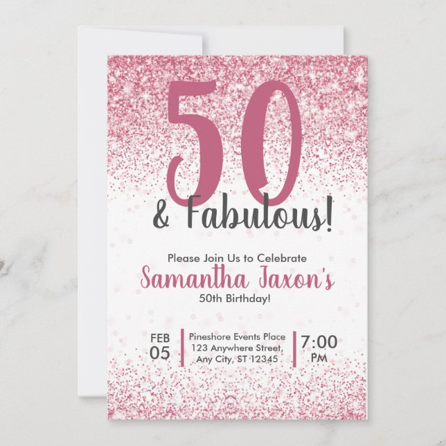 Invitation 50 & Fabuleux Parties scintillant rose Confetti An (Devant)