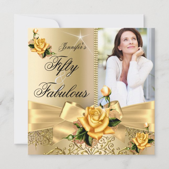 Invitation 50 & Fabuleux Photo Gold Yellow Rose Bow Anniversa (Devant)
