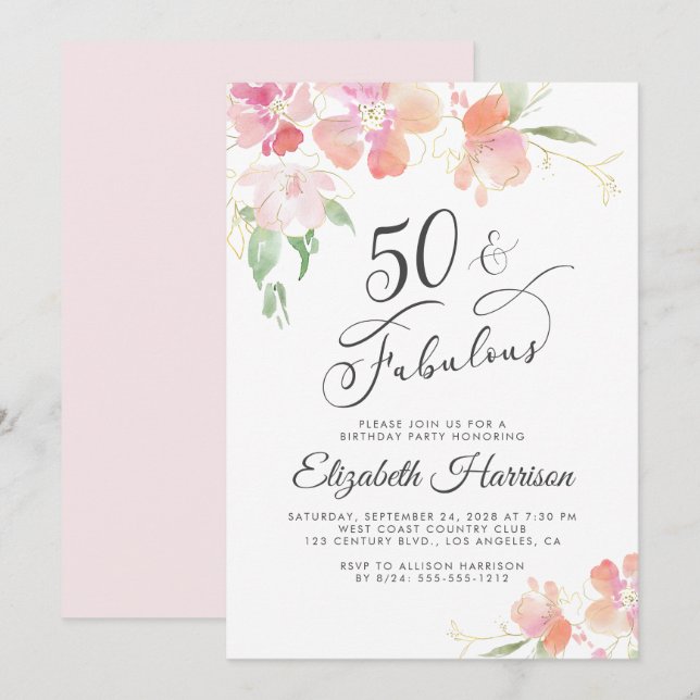 Invitation 50 Fabuleux Pink Floral Aquarelle fête d'anniversa (Devant / Derrière)