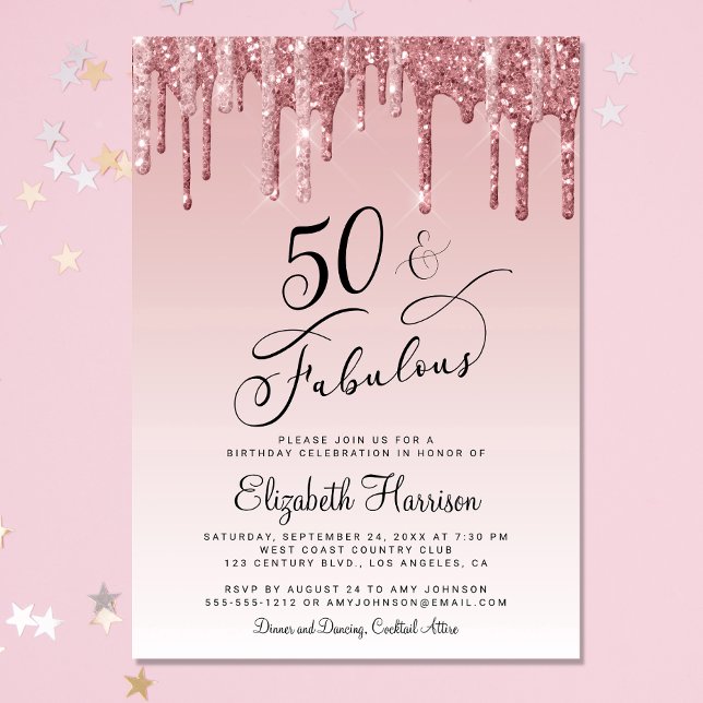 Invitation 50 Fabuleux Rose Parties scintillant Gold rose fêt (Celebrate her 50 years of sparkle with an elegant glitter birthday party invitation )