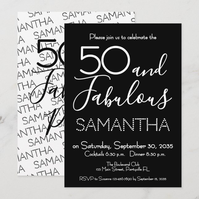 Invitation 50 & Fabulous 50th Birthday Party Black Elegant (Devant / Derrière)