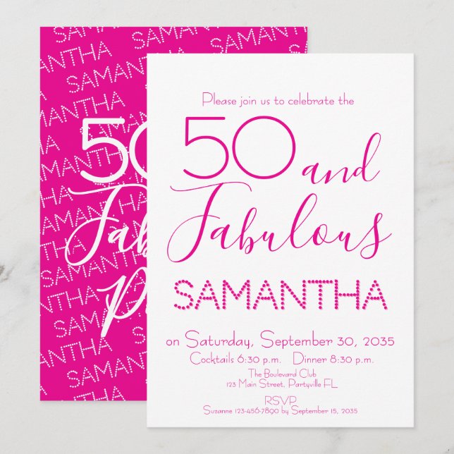 Invitation 50 & Fabulous 50th Birthday Party Pink Elegant (Devant / Derrière)