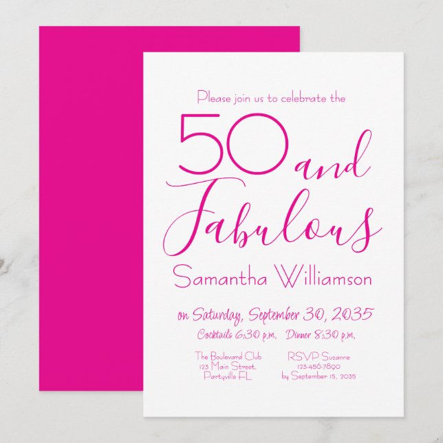 Invitation 50 & Fabulous 50th Birthday Party Pink Elegant (Devant / Derrière)