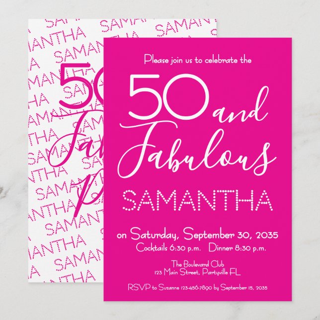 Invitation 50 & Fabulous 50th Birthday Party Pink Elegant (Devant / Derrière)