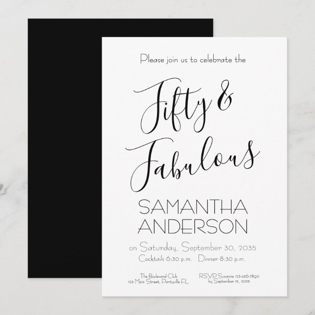 Invitation 50 & Fabulous Black Elegant 50th Birthday Party  (Devant / Derrière)
