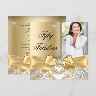 Invitation 50 & Fabulous Gold Leaf & Bow 50th Birthday Invita