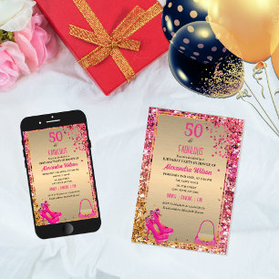 Invitation 50 & Fabulous Gold Pink Glittery High Heels