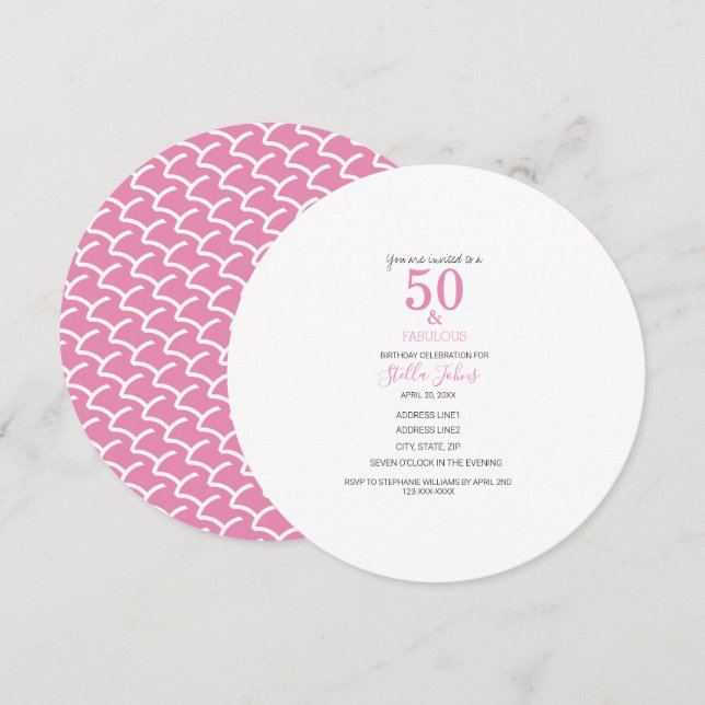Invitation 50 & Fabulous Pink Mermaid mignonne Anniversaire É (Devant / Derrière)
