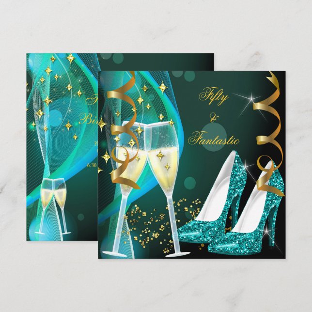 Invitation 50 & Fantastic Fabulous Gold Turquoise Parties sci (Devant / Derrière)