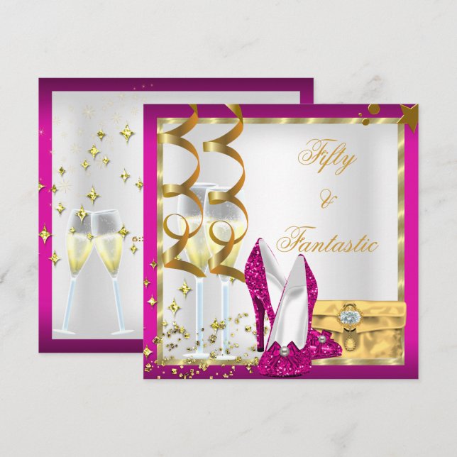 Invitation 50 & Fantastic Hot Pink White Gold fête d'annivers (Devant / Derrière)