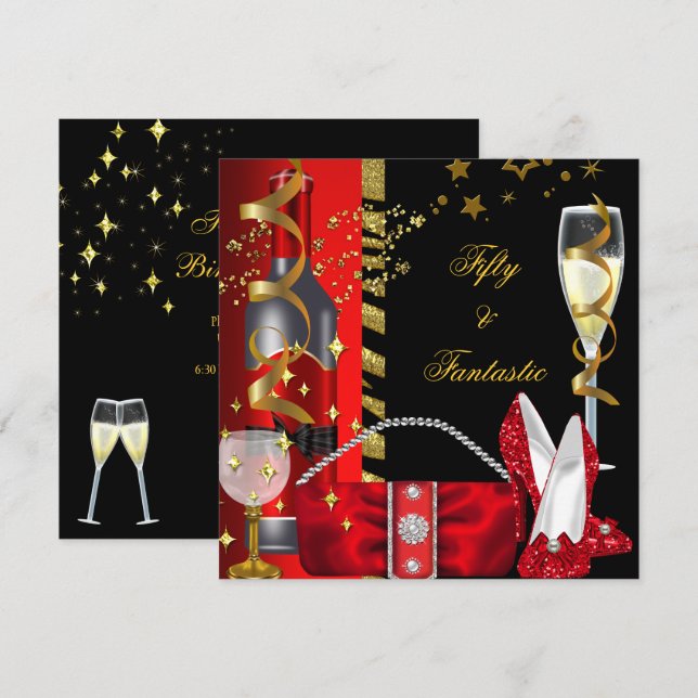 Invitation 50 & Fantastic Red Black Gold fête d'anniversaire (Devant / Derrière)