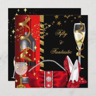 Invitation 50 & Fantastic Red Black Gold fête d'anniversaire