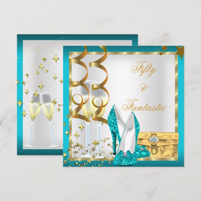 Invitation 50 & Fantastique Turquoise Gold fête d'anniversair (Devant / Derrière)