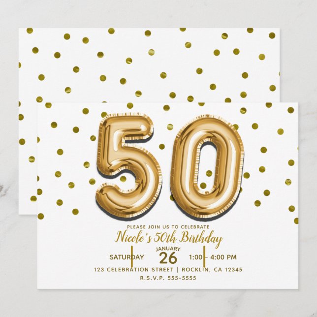 Invitation 50 Gold Balloons & Confetti 50e fête d'anniversair (Devant / Derrière)