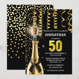 Invitation 50 jalon vin mousseux or parties scintillant noire