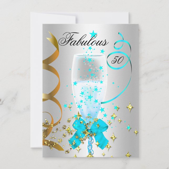 Invitation 50 Turquoise Soie Gold Anniversaire (Devant)