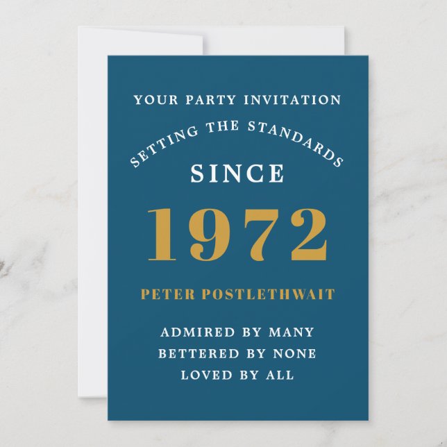 Invitation 50e anniversaire 1972 Blue Gold Elegant Chic (Devant)