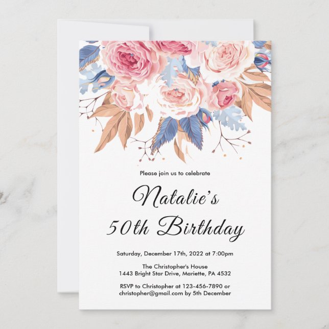 Invitation 50e anniversaire Aquarelle Botanique Fleurs floral (Devant)