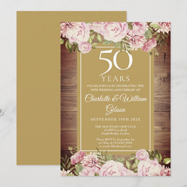 Invitation 50e Anniversaire Aquarelle Rustique Roses Roses  (Devant / Derrière)