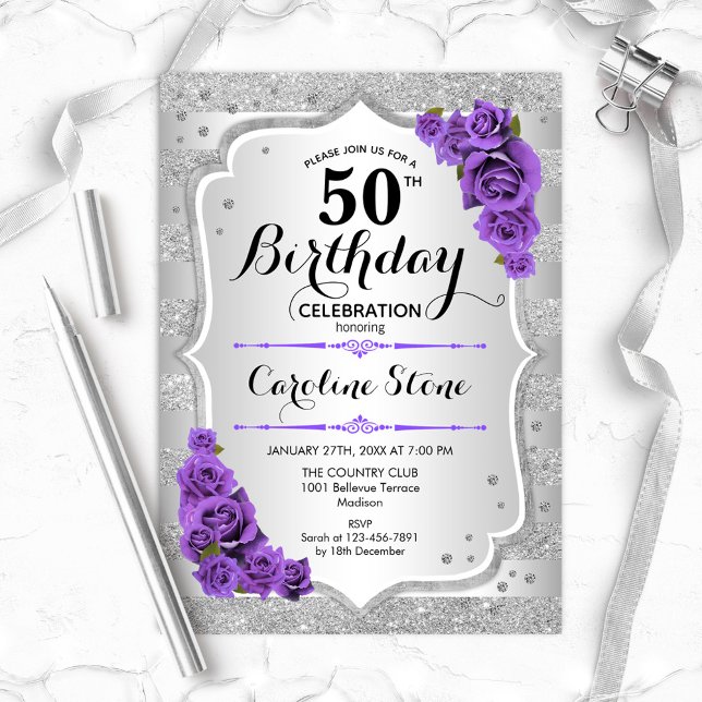 Invitation 50e anniversaire - Argent Stripes Roses violets (Créateur téléchargé)