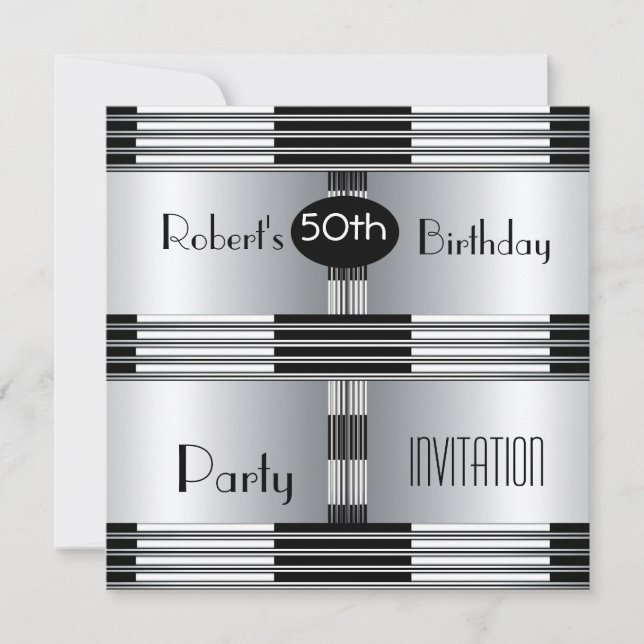 Invitation 50e anniversaire Art déco noir Chrome (Devant)