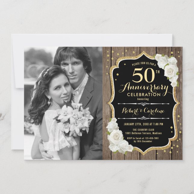 Invitation 50e Anniversaire avec Photo - Bois Rustique (Devant)