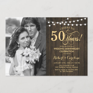 Invitation 50e Anniversaire avec Photo - Bois Rustique Or