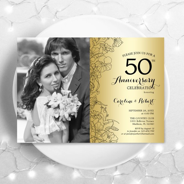 Invitation 50e anniversaire avec photo - Floral or (Créateur téléchargé)